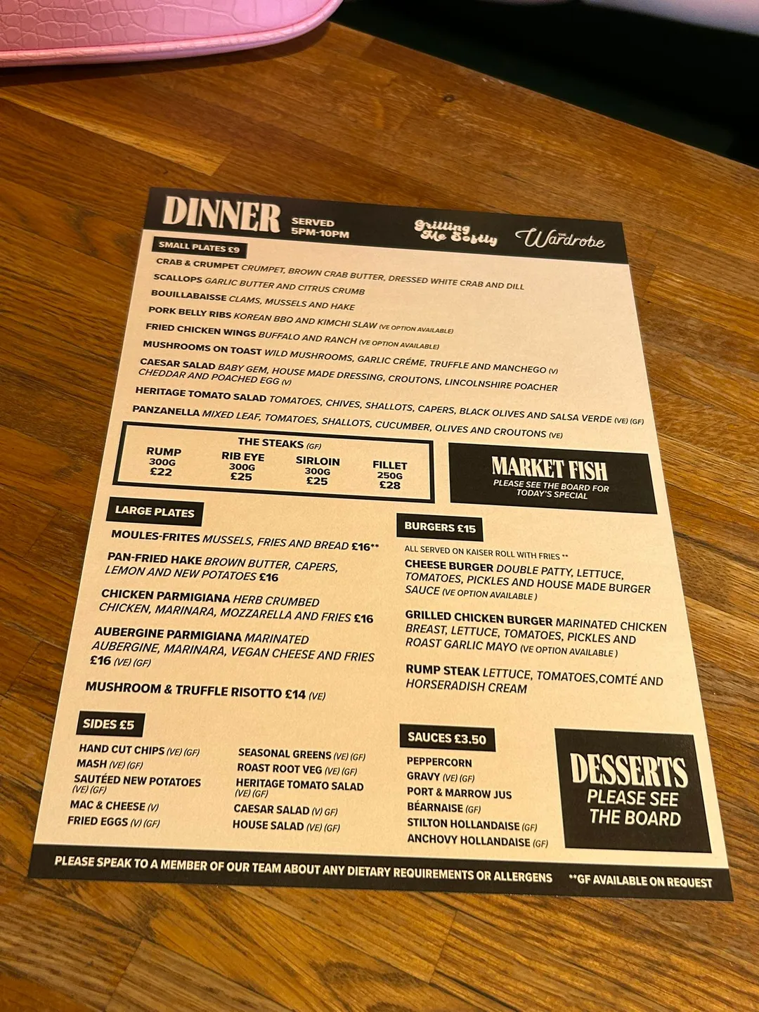 the wardrobe food and drinks menu